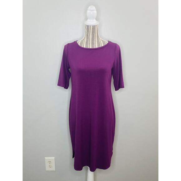 Eileen Fisher Purple Knit Dress Viscose Women XS Short Sleeve Curved Hem Casual - Picture 1 of 11